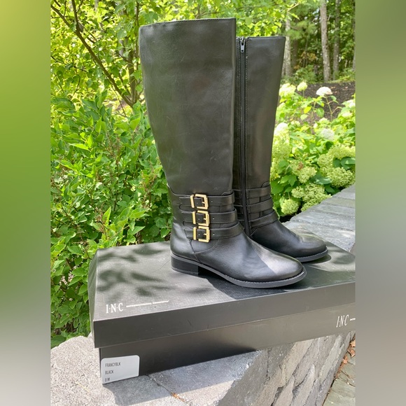 INC International Concepts Shoes - INC FRANCY Tall Black Leather Riding Boots, Gold Tone Buckles,8 New in Box